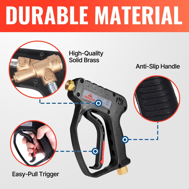 YAMATIC Short Pressure Washer Gun with Swivel, 5000 PSI Power Washer Wand Stubby Trigger Handle with 3/8" Plug & M22-14mm Male Inlet, 1/4" Quick Connect Outlet for Foam Cannon Car Wash - Image 5